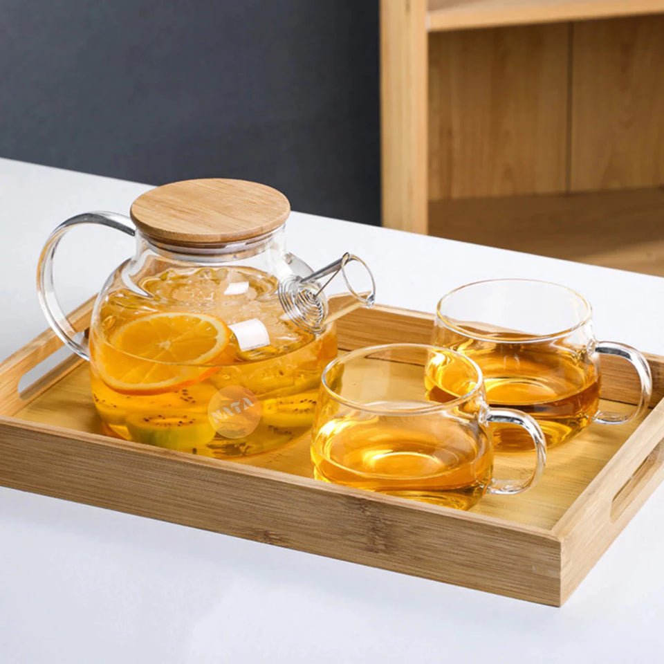 Chaleira de Vidro 1L com Coador Tampa de Bambu Premium - Casa Stony