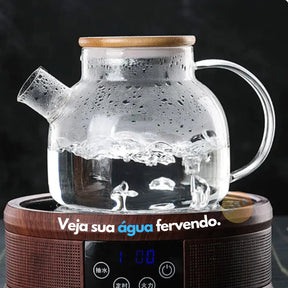 Chaleira de Vidro 1L com Coador Tampa de Bambu Premium