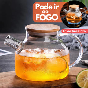 Chaleira de Vidro 1L com Coador Tampa de Bambu Premium