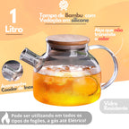 Chaleira de Vidro 1L com Coador Tampa de Bambu Premium - Casa Stony