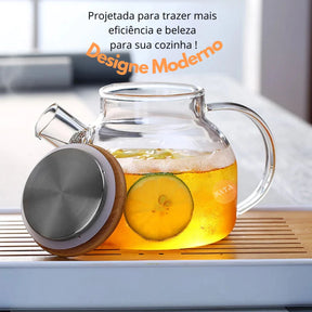 Chaleira de Vidro 1L com Coador Tampa de Bambu Premium