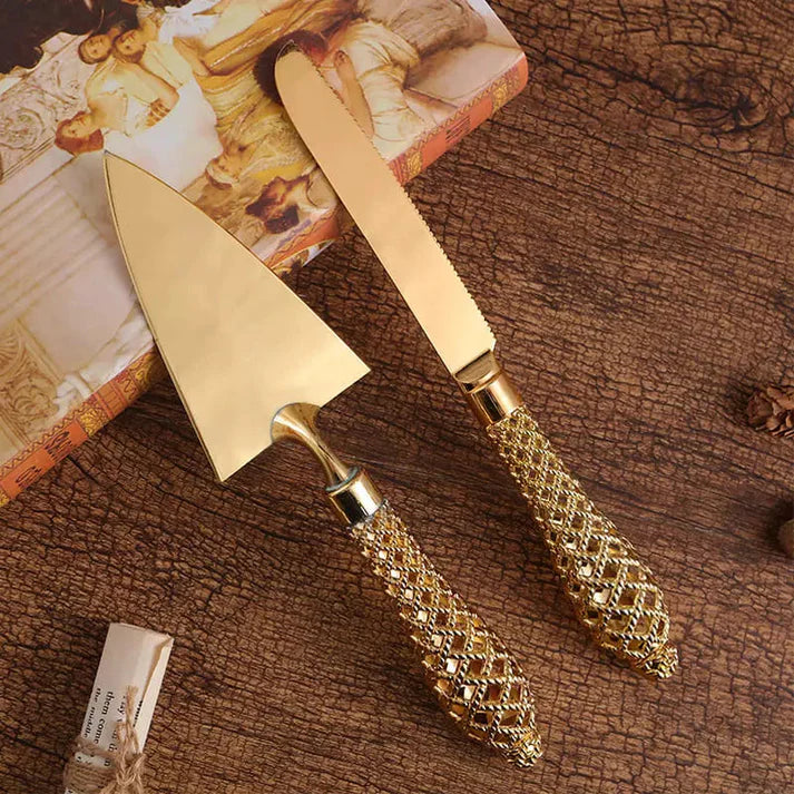Conjunto Espátula para Bolo e Faca Dourada - Casa Stony