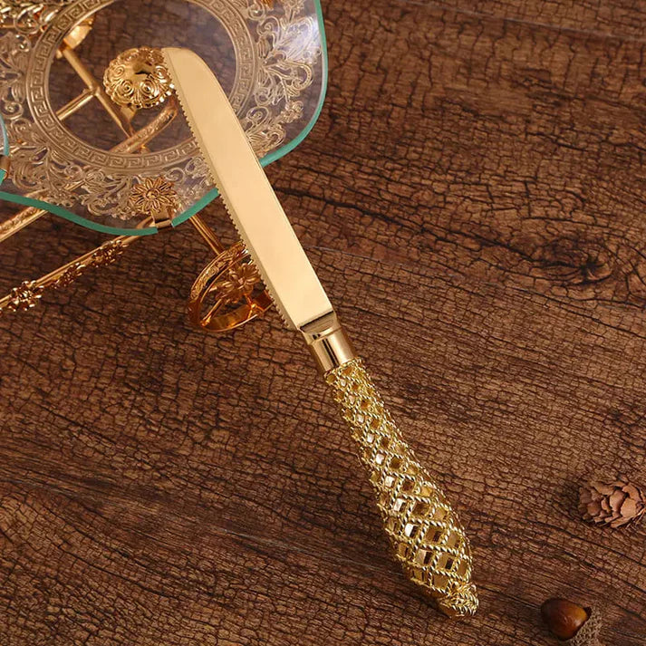Conjunto Espátula para Bolo e Faca Dourada - Casa Stony