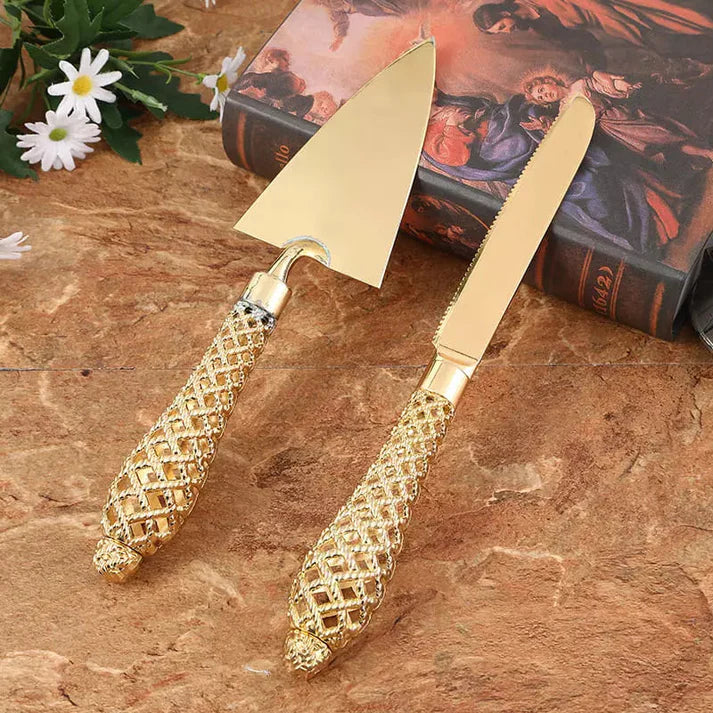 Conjunto Espátula para Bolo e Faca Dourada - Casa Stony