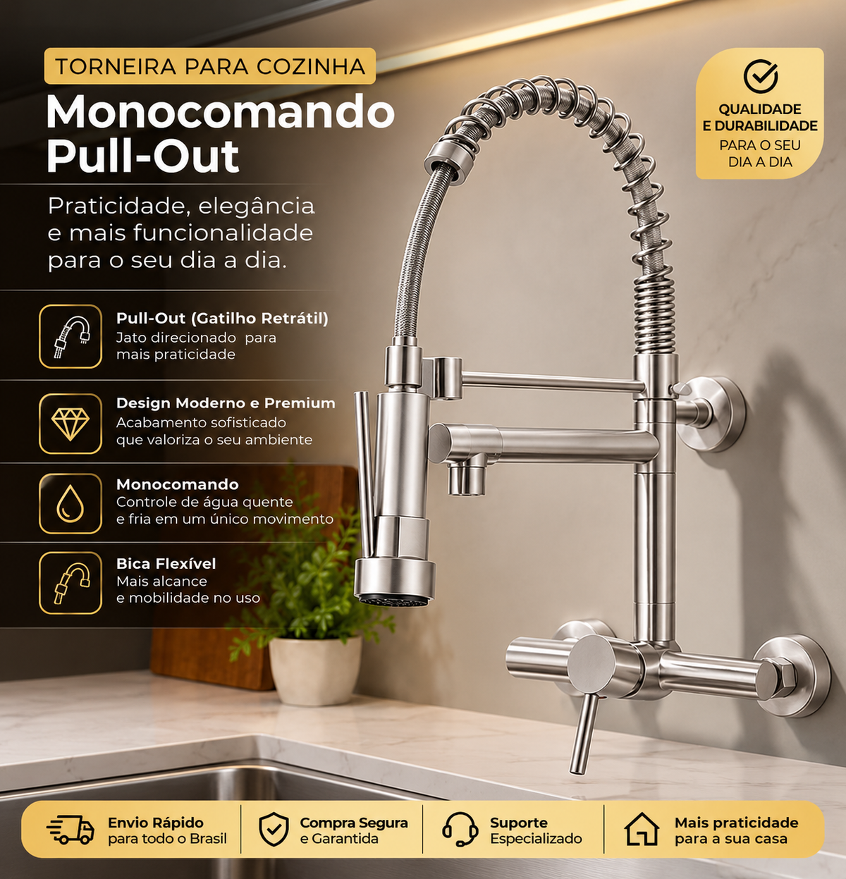 Torneira De Parede Para Cozinha Gourmet com Misturador