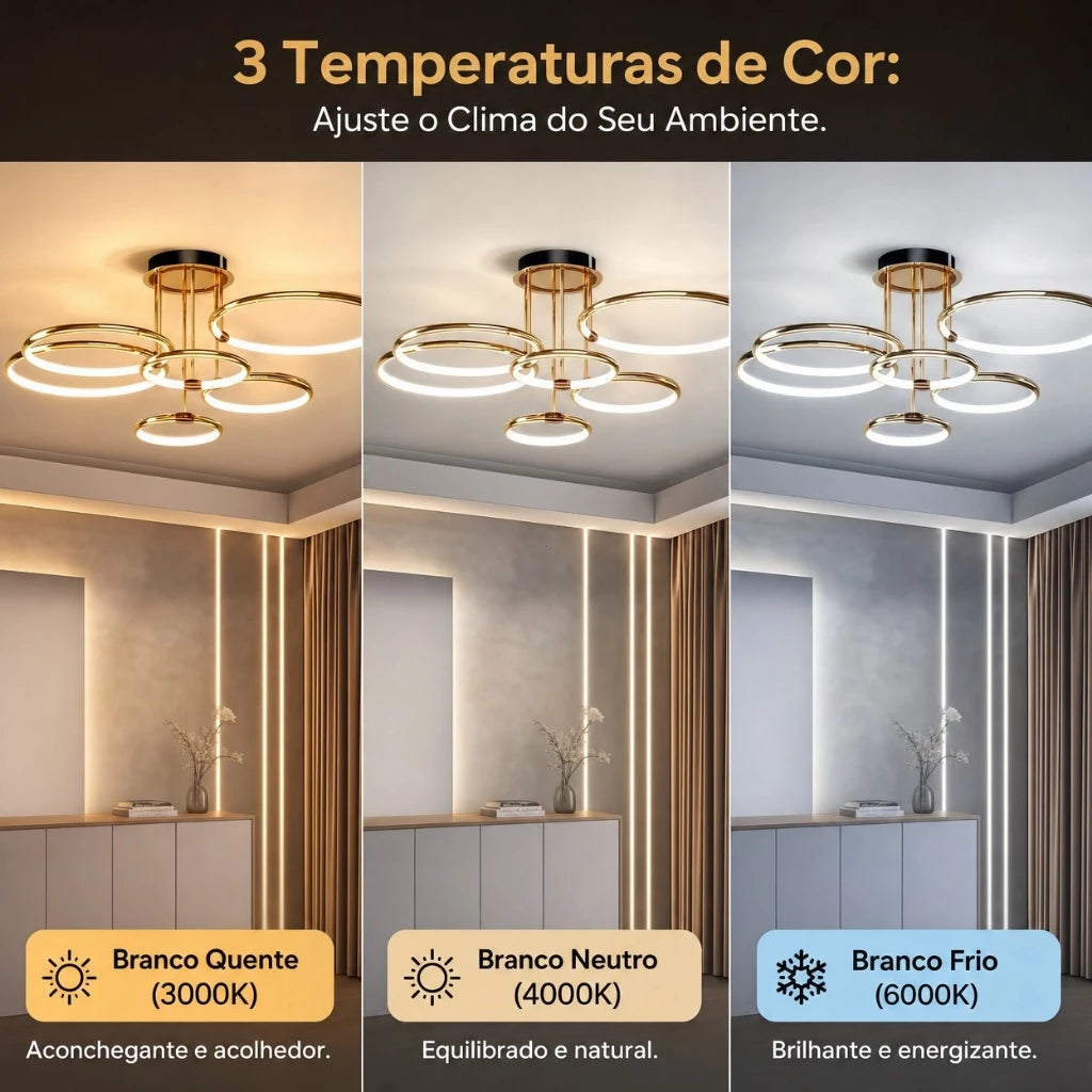 Luminaria Plafon de Teto LED Aros Dourados Bivolt