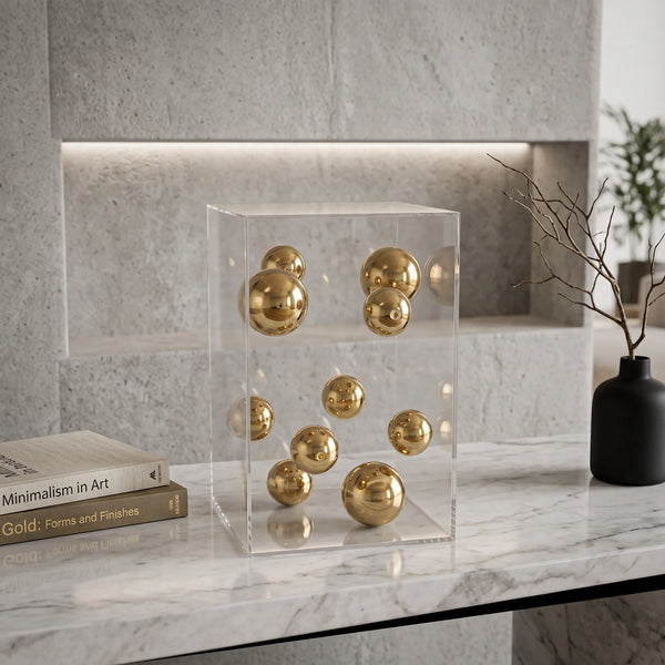 Caixa decorativa em acrílico com bolas de metal