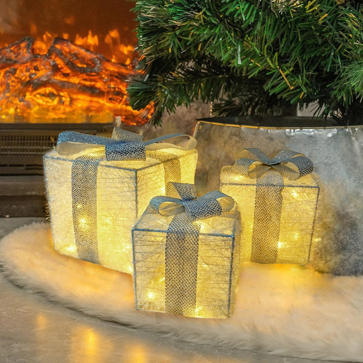 Conjunto 3 Caixas de Presente Natalina Iluminada com Laço