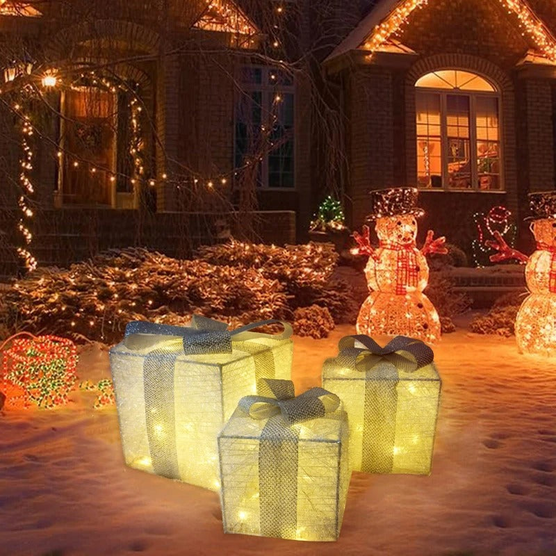 Conjunto 3 Caixas de Presente Natalina Iluminada com Laço
