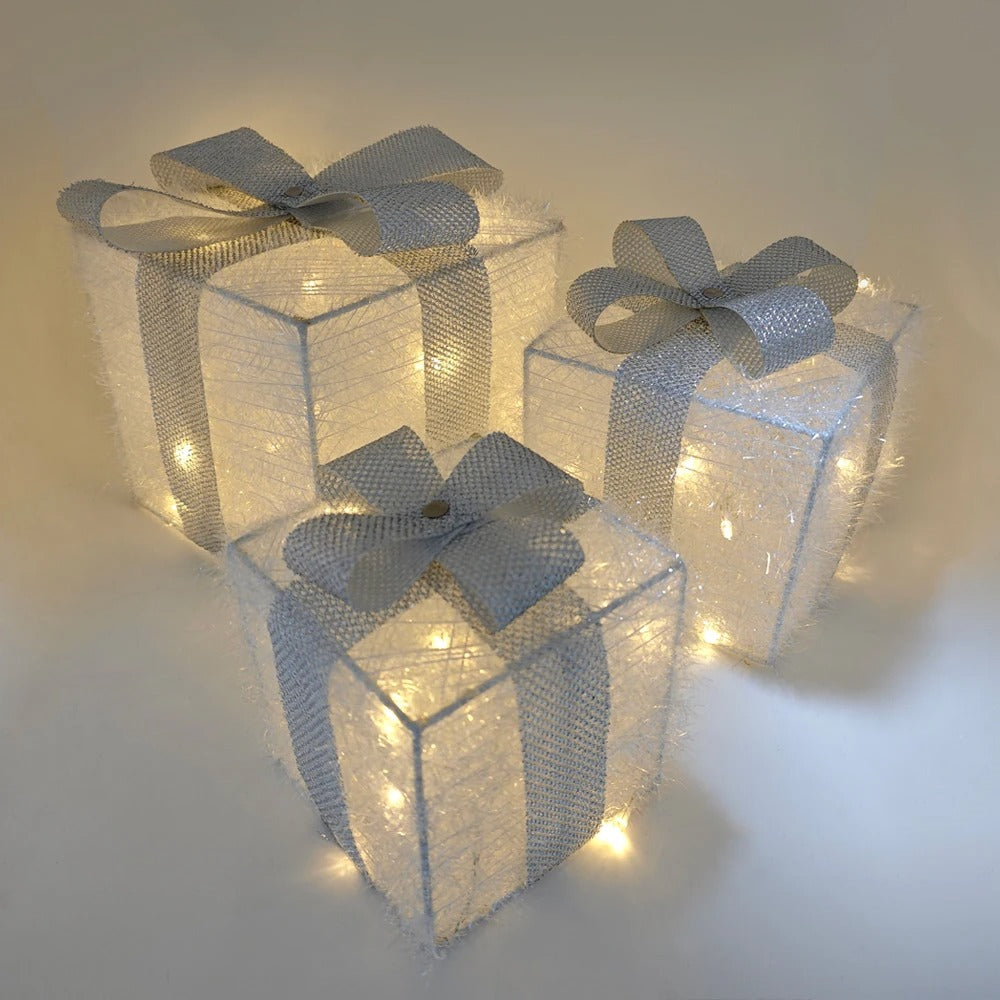 Conjunto 3 Caixas de Presente Natalina Iluminada com Laço - Casa Stony