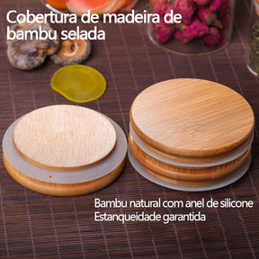 Kit 6 Potes Hermético de Vidro com Tampa de Bambu 200ml