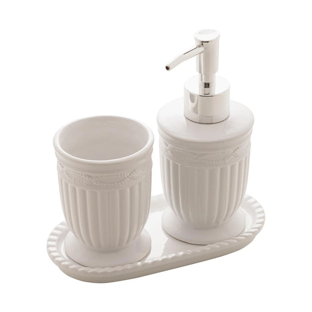 Kit Banheiro Lavabo de Cerâmica - Porta Sabonete Líquido e Porta Objetos - Casa Stony