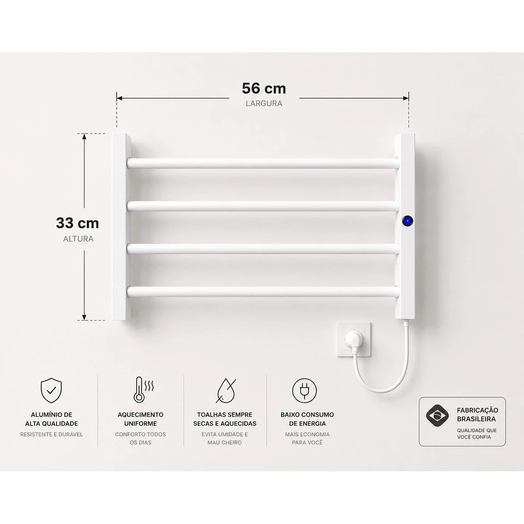 Toalheiro elétrico térmico de alumínio para até 2 toalhas, 50 W