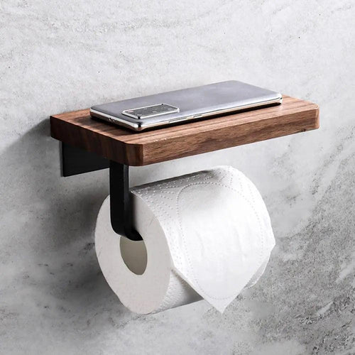 Suporte para papel higiênico de madeira, cor preta