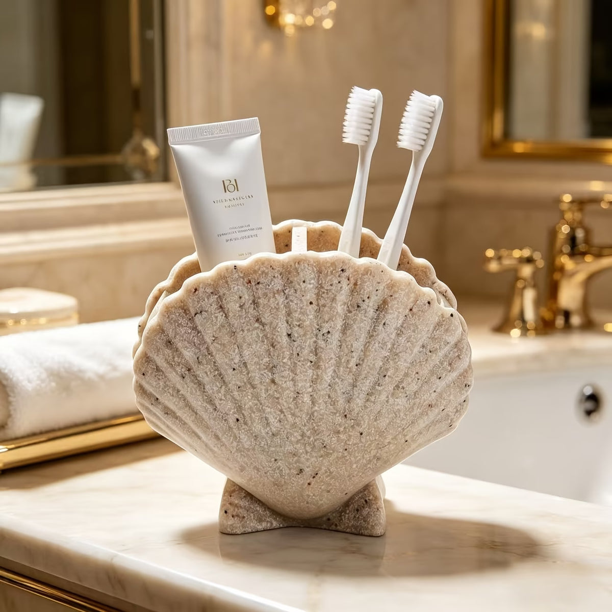 Organizador Porta-Escovas em Resina Concha – Elegância e Organização para o Banheiro