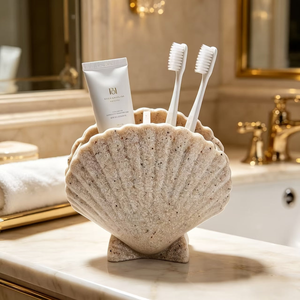 Organizador Porta-Escovas em Resina Concha – Elegância e Organização para o Banheiro