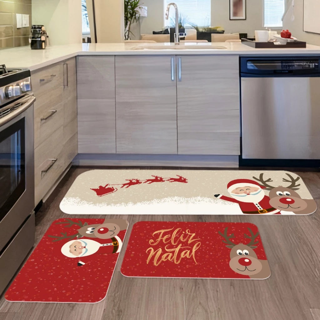 Tapetes de Cozinha 3 Peças Natal Noel e Seus Renas