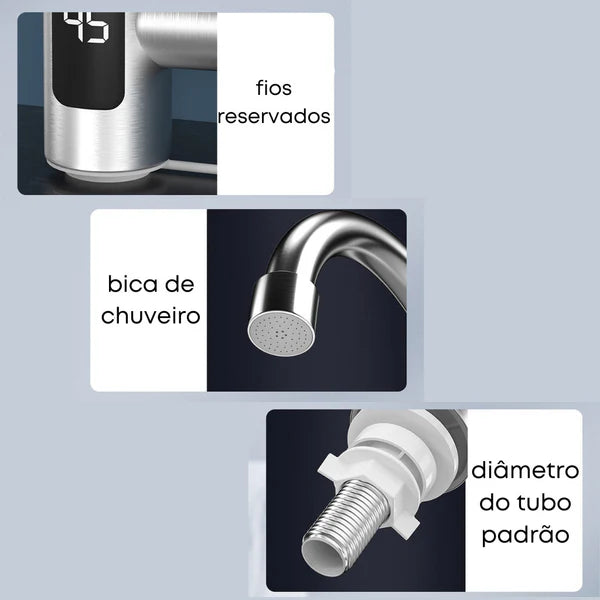 Torneira Elétrica Para Cozinha Banheiro Com Visor de Temperatura Aço Inoxidável